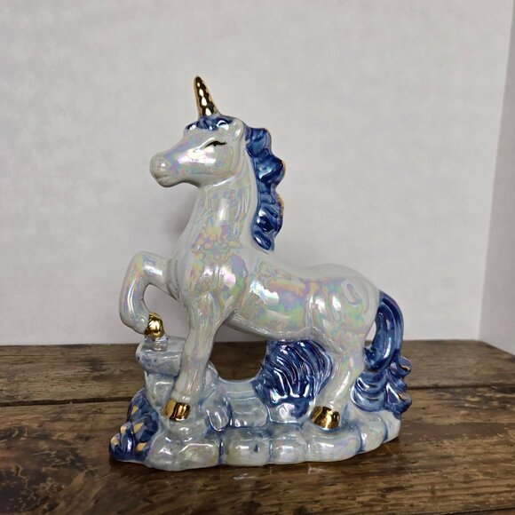Mother of Pearl Blue & Gold Unicorn Ceramic Figurine 8.5" Height, 7" Length - Picture 1 of 3